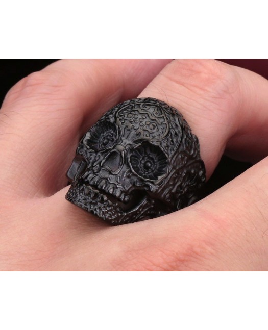 Flower Skull Ring Black