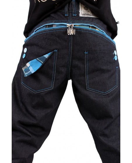 Dirty Money Baggy Zip Arc Check Blue Jeans