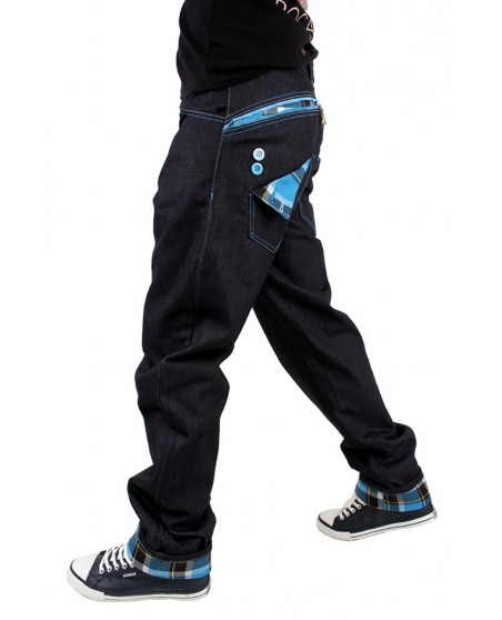 Dirty Money Baggy Zip Arc Check Blue Jeans