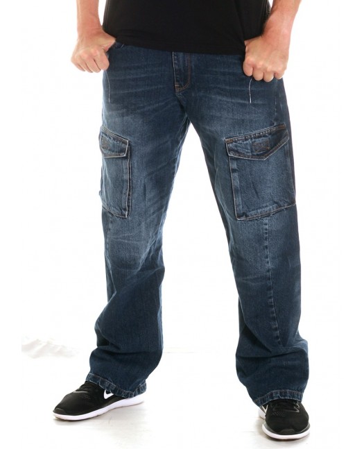 FAT313 Cargo Denim Jeans Blue Washed
