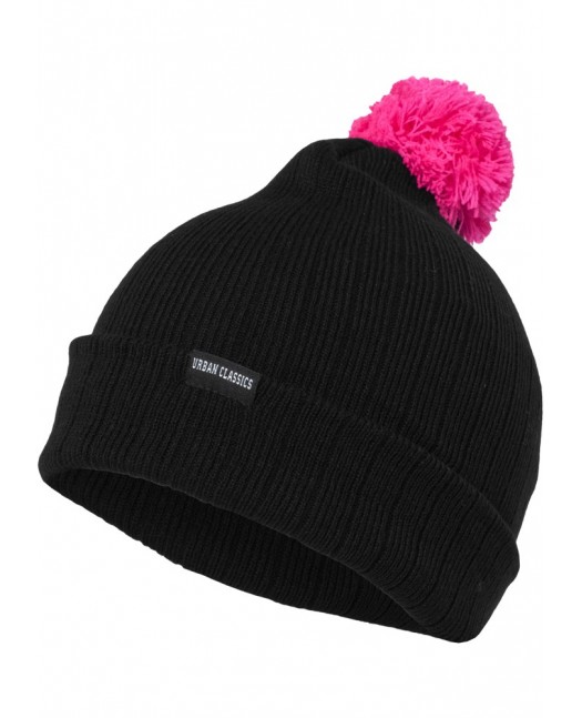 Contrast Bobble Beanie BlackNPink