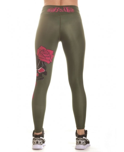 Rose Skull Leggings Olive by BSAT