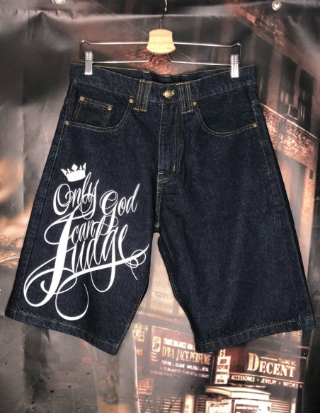 BSAT Baggy Denim Shorts Only God Can Judge Indigo Blue