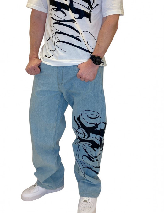 BSAT Art Script Jeans Vintage Blue Baggy
