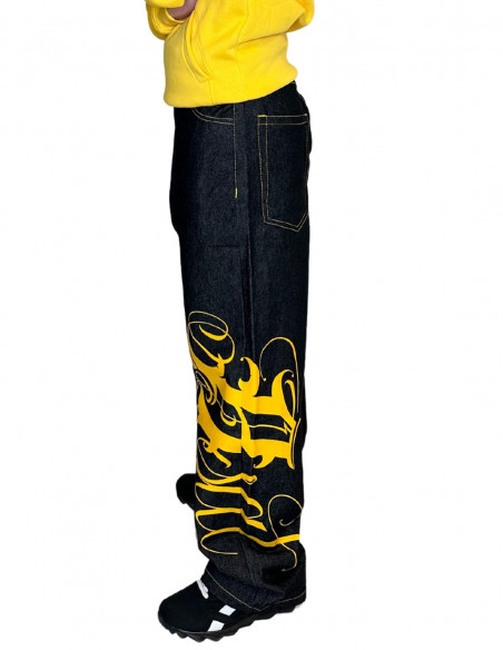 BSAT Art Script Logo Baggy Jeans BlackNYellow