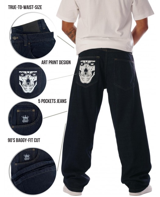Indigo Blue Skull Baggy Jeans by BSAT
