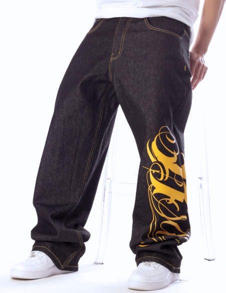 BSAT Art Script Logo Jeans Dark Black n Signal Yellow