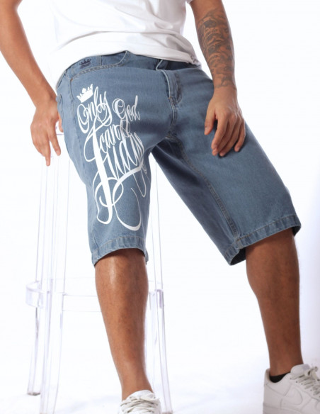 BSAT Baggy Only God Can Judge Denim Shorts Skyblue