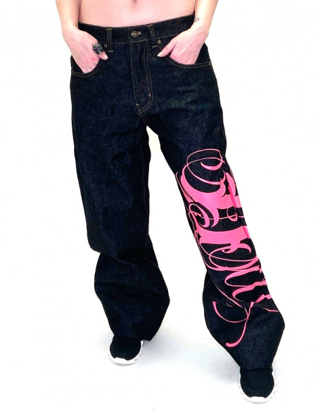 Art Script Logo Jeans Baggy BlackNPink by BSAT