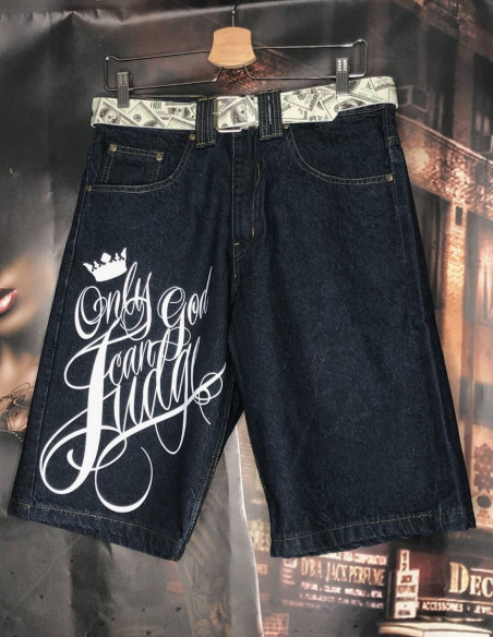 BSAT Baggy Denim Shorts Only God Can Judge Indigo Blue