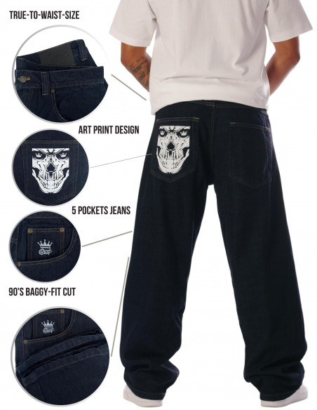 Indigo Blue Skull Baggy Jeans by BSAT