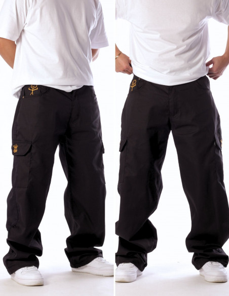 BSAT Stickman Cargo Pants Black Gold The Finger Baggy Fit
