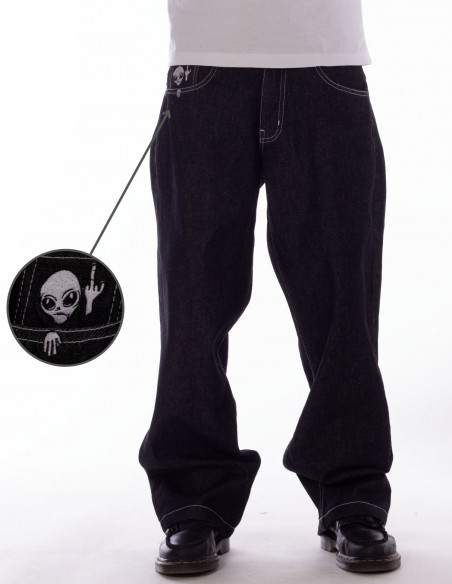 BSAT Aliens 4 Peace The Finger Raw Black n White Baggy Jeans