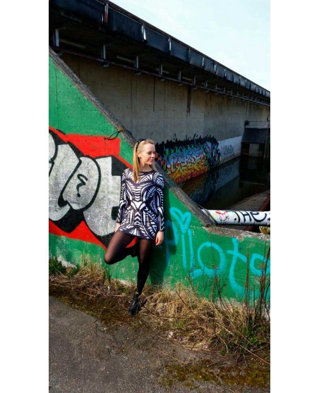 Grafisk LS Kjole Svart/Hvit