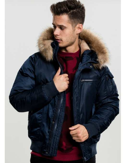 Hooded Heavy Fake Fur Bomber Jacket Navy
