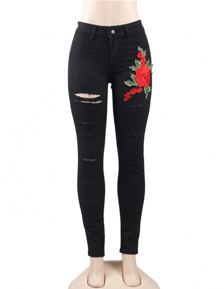 Embroidering ripped Jeans Black by Melusin