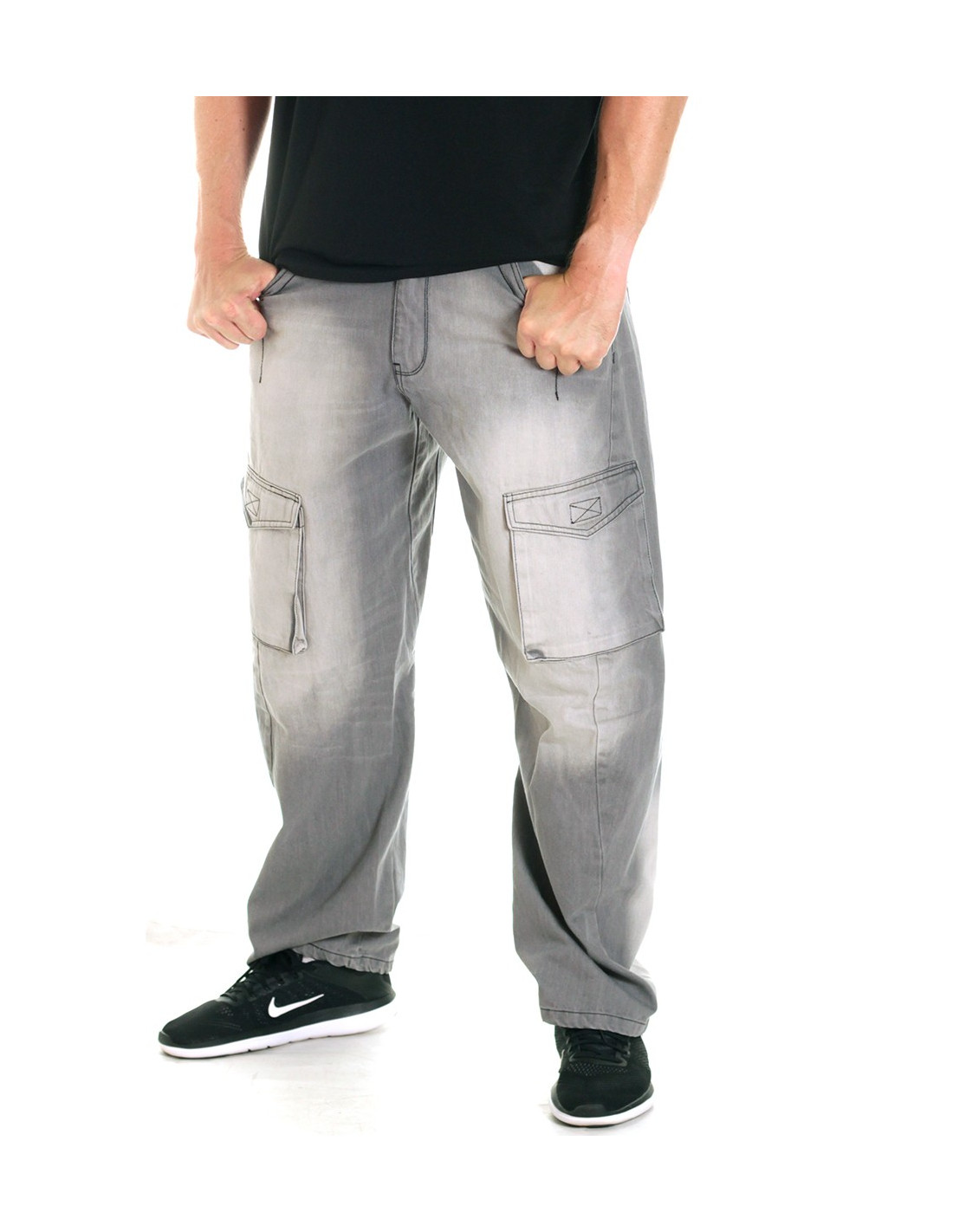 FAT313 Cargo Denim Jeans Grey Washed