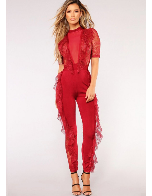 BadGal Lace JumpSuit Red