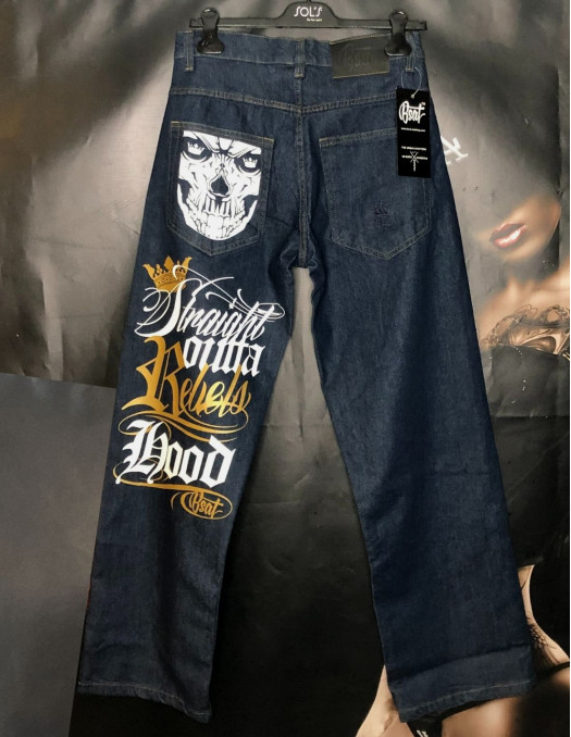 Rebels Hood Skull Baggy Jeans Indigo Blue