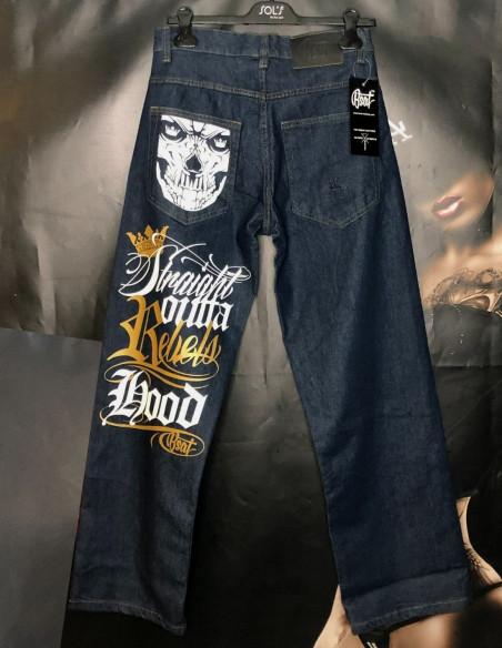 Rebels Hood Skull Baggy Jeans Indigo Blue