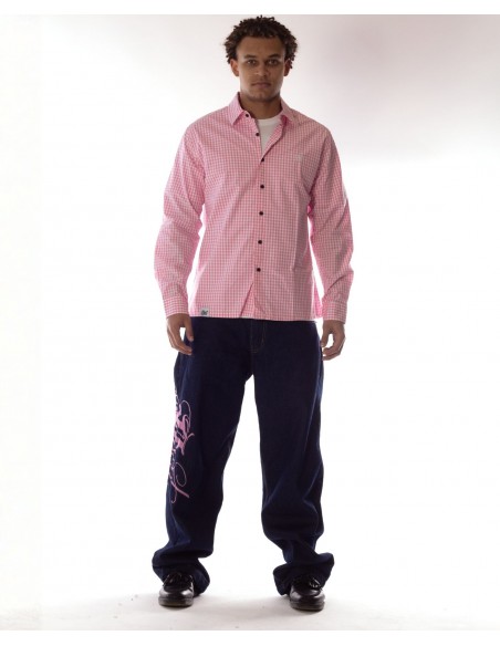 BSAT Embroidery Baggy Jeans Art Script Indigo Rose Pink