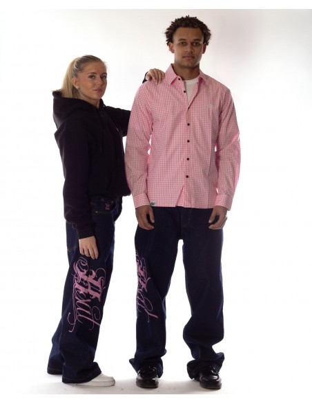 BSAT Embroidery Baggy Jeans Art Script Indigo Rose Pink