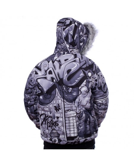 Raw Blue Graffiti Print Vändbar Jacket Svart